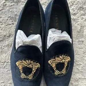 Men\'s Versace Loafers Black Gold Size 40 Versace Medusa Velvet DSU6488 Medusa Velvet Slippers Black,Gold | VERSACE US main image 3